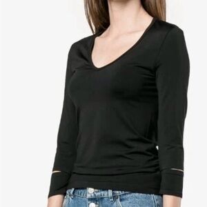 Helmut Lang Black Slit Sleeve V-Neck Stretch Jersey Minimalist Tee Small